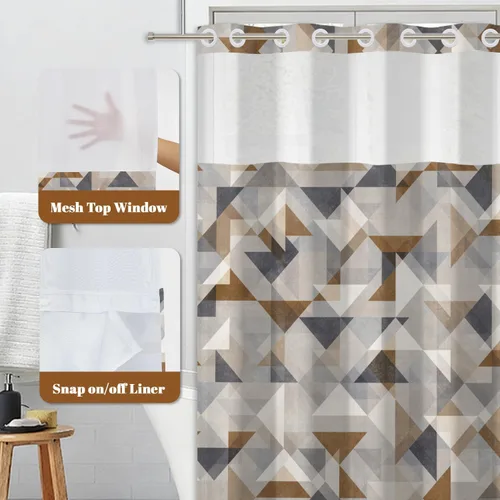 Miniatura 3 de No Hook Geometric Shower Curtain with Snap in Liner - 71″W x 74″L Waterproof Fabric with Mesh Top Window, Modern Abstract Triangle Design Bath