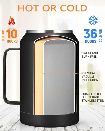 Miniatura 4 de zenbo - Vaso de acero inoxidable aislado al vacío con asa, tapa y popote, mantiene las bebidas frías hasta 36 horas, cuerpo a prueba de sudor, apto