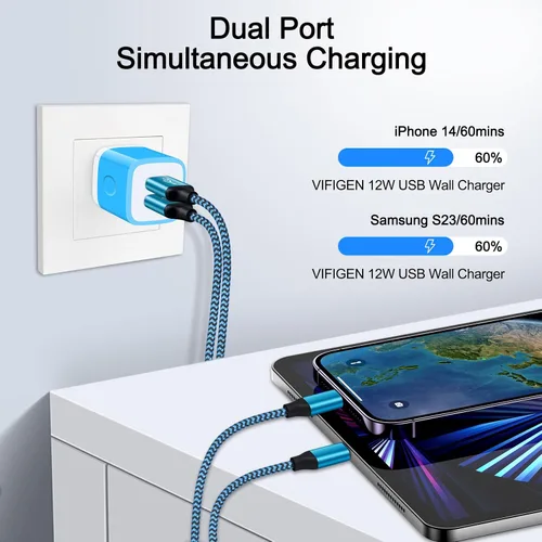 Miniatura 2 de Bloque de cargador de pared, enchufe de pared USB, paquete de 3 cubos de carga rápida USB doble cargador de teléfono celular, adaptador de corriente