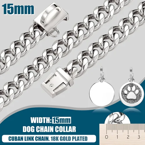 Miniatura 3 de Collar de cadena para perro de 0.59 pulgadas con eslabones cubanos plateados con hebilla a presión, collar de cadena de metal de acero inoxidable
