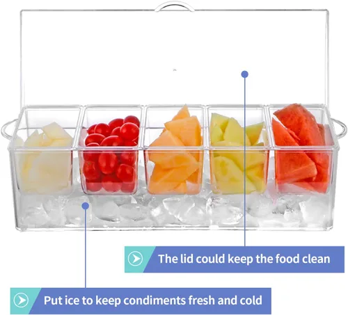 Miniatura 4 de MOLIGOU Servidor de condimentos refrigerado con tapa, bandeja de condimentos refrigerados con 5 compartimentos extraíbles, recipientes para servir