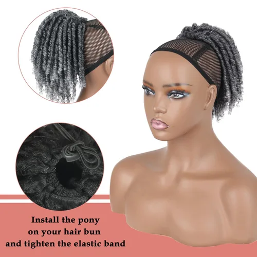 Miniatura 13 de Oseti Extensiones de cabello de cola de caballo gris con cordón para mujeres negras, 18 pulgadas, extensiones de cabello sintético rizado con clip