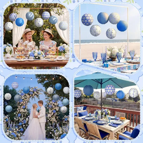 Miniatura 5 de Rossesay 12 faroles de papel costeros azules de 8 pulgadas, farol colgante de flores azules para interiores y exteriores, decoración náutica