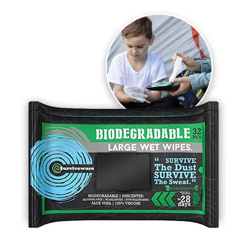 Surviveware Toallitas biodegradables para hombres o mujeres – Toallitas húmedas para la ducha, cara, cuerpo y glúteos, al aire libre, viajes,