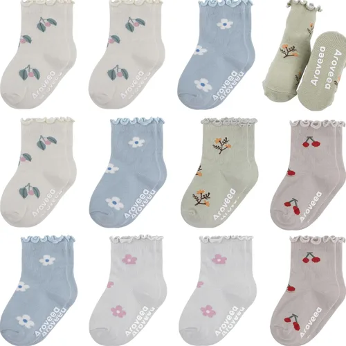 Miniatura 10 de Calcetines antideslizantes para bebés y niñas, calcetines de algodón con empuñaduras, paquete múltiple, calcetines de dibujos animados de tobillo