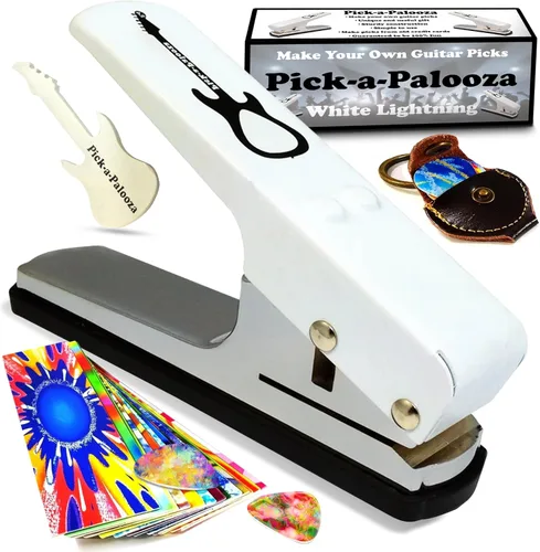 Gran kit de Pick-a-Palooza para hacer tus propias púas para guitarra, para regalo. Dispositivo prémium para fabricar púas. Cadena de cuero porta