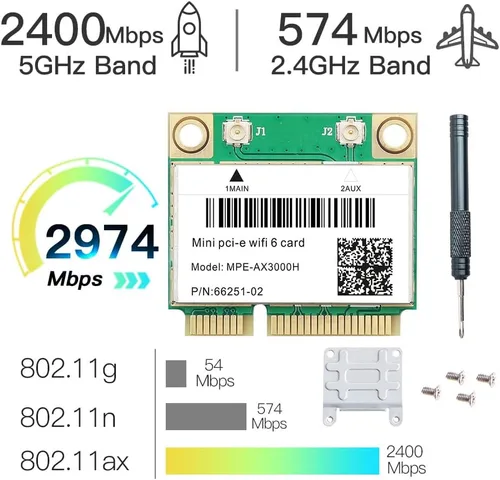 Miniatura 5 de Tarjeta WiFi 6 MPE-AX3000H de doble banda 2.4 GHz y 5 GHz BT 5.2 160 MHz canal medio mini PCIe hasta 574 Mbps (2.4 GHz) + 2.4 Gbps (5 GHz)