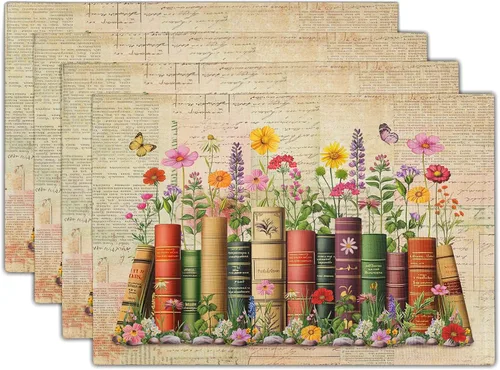 Miniatura 16 de Juego de 4 manteles individuales con estampado de flores de acuarela para decoración de mesa de comedor en el hogar, interior y exterior