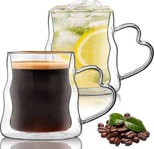 Miniatura 11 de Joeyan Juego de 2 tazas de café de vidrio de doble pared de 10.8 onzas, tazas de café de vidrio transparente aisladas con asa, tazas térmicas de dos