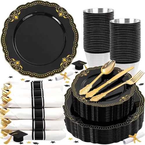 Miniatura 12 de Ciaell 350 platos de plástico rosa, platos desechables de color rosa y dorado, incluyen 50 platos desechables, 150 cubiertos resistentes, 50 tazas