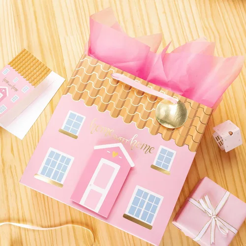 Miniatura 6 de LeZakaa Bolsa de regalo rosa de 10.4 pulgadas con papel de seda, etiqueta de regalo y tarjeta, Home Sweet Home con Paster 3D para inauguración