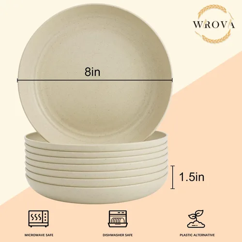 Miniatura 2 de Wrova Platos de paja de trigo – Juego de 8 platos llanos irrompibles de 8 pulgadas – Platos de plástico aptos para lavavajillas y microondas