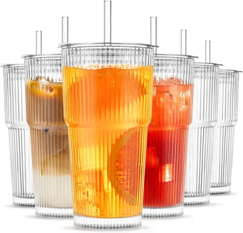 Miniatura 10 de INSETLAN Vasos de vidrio acanalado de 20 onzas con tapas y popotes de vidrio, juego de 4 piezas de cristalería, pared gruesa, ideal para café