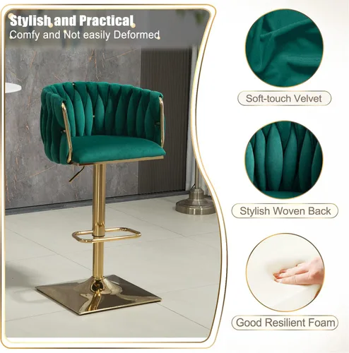 Miniatura 4 de Juego de 2 taburetes de bar giratorios de terciopelo, taburetes de bar ajustables y cómodos, silla de comedor moderna con respaldo tejido, taburetes