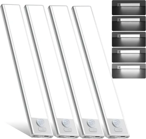 Paquete de 4 luces para debajo del gabinete, luz recargable con sensor de movimiento para interiores, luces magnéticas inalámbricas regulables, 32