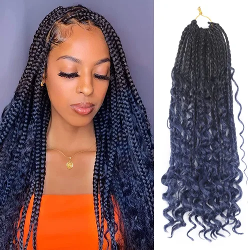 Miniatura 85 de Goddess Box Braids - Trenzas de cabello a ganchillo con extremos rizados, trenzas de caja bohemianas de 16 pulgadas, trenzas de ganchillo, 8 1B-4-30