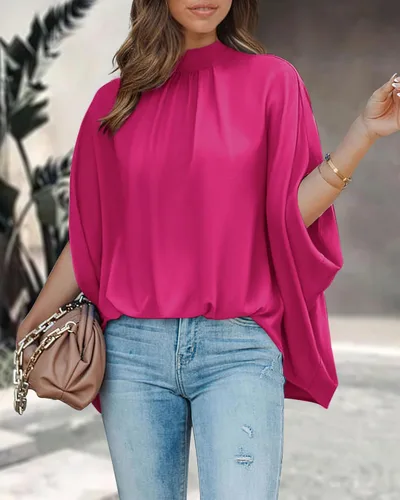 Miniatura 61 de BTFBM Blusas de verano para mujer, cuello alto falso, manga murciélago, holgadas, dobladillo alto y bajo, blusas informales de gran