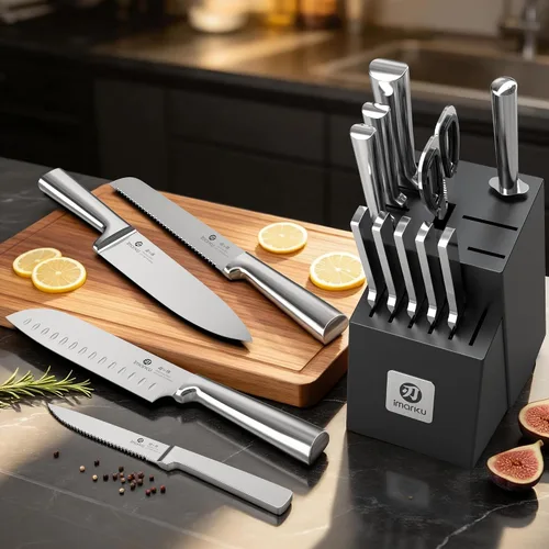 Miniatura 9 de imarku Juego de 15 cuchillos con afilador integrado, juego de cuchillos de cocina de acero inoxidable japonés de alto carbono, apto