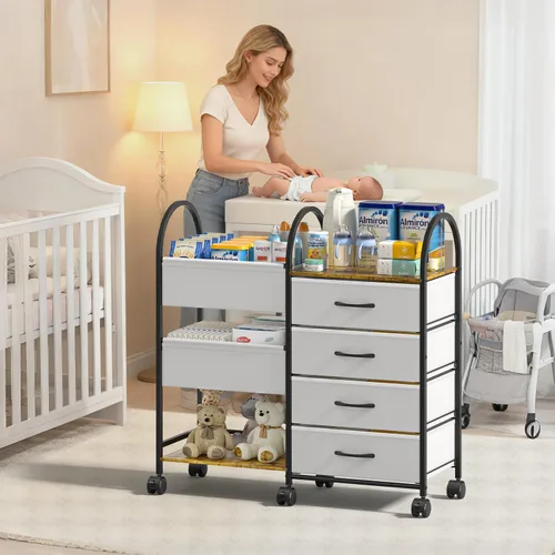 Miniatura 2 de Carrito organizador de pañales para bebés con ruedas, carrito de pañales rodante de 4 niveles con separadores y cajones, almacenamiento de guardería