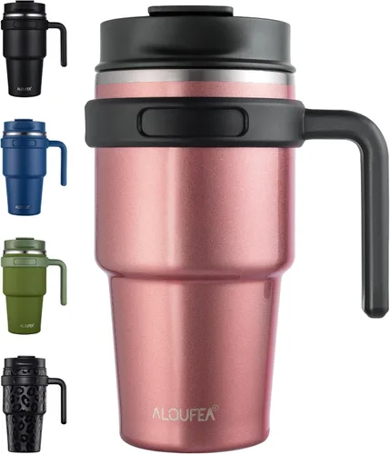Miniatura 17 de Taza/vaso de café aislado de 20 onzas con asa, vaso de viaje de acero inoxidable con tapa y popote, vaso de doble pared con aislamiento al vacío a