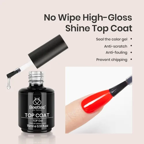Miniatura 3 de Juego de base de gel y capa superior de esmalte de uñas de gel Beetles, 2 piezas de 15 ml, base transparente y capa superior sin toallitas, secado