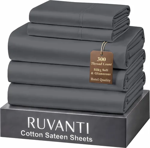 Miniatura 46 de RUVANTI Juego de sábanas de 100 % algodón tamaño matrimonial, tejido de satén suave y sedoso de 300 hilos, refrescante, ligero y transpirable, Beige