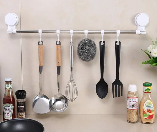 Miniatura 5 de Toallero retráctil multiusos de acero inoxidable, colgador de cocina, sin perforaciones, se puede instalar en la esquina, con 6 ganchos desmontables