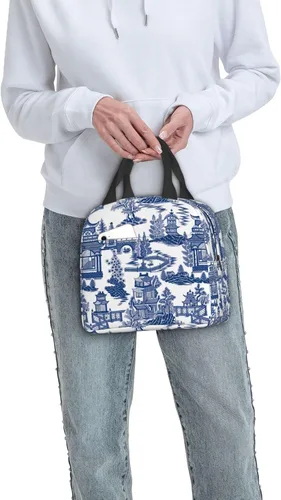 Miniatura 5 de Blue Willow Ancient Ming Chinoiserie - Bolsa de almuerzo aislada reutilizable, 8.5 x 8 x 5 pulgadas