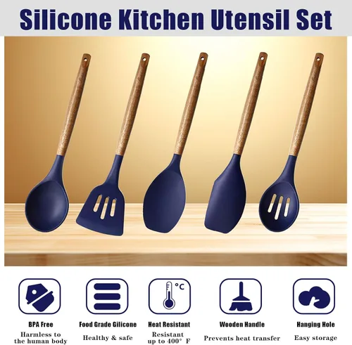 Miniatura 2 de Juego de utensilios de cocina de silicona antiadherente con mango de madera dura de acacia natural, 5 piezas, azul medianoche, sin BPA, utensilios