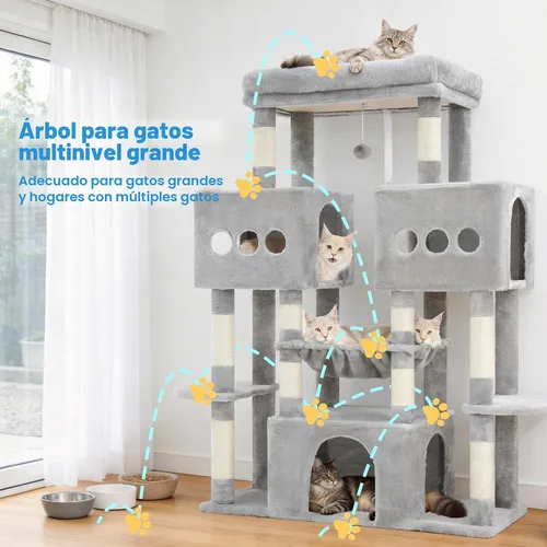 Miniatura 6 de Hey-brother Torre de árbol para gatos, postes rascadores de sisal grande con plataforma grande, 3 amplios condominios, hamaca de felpa, juguete