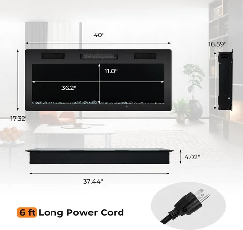 Miniatura 8 de GOFLAME Chimenea eléctrica de 40 pulgadas empotrada y montada en la pared, calentador eléctrico de chimenea de 750 W/1500 W con control remoto