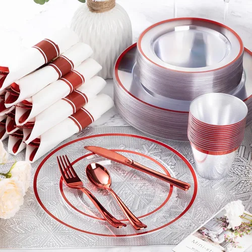 Miniatura 2 de Goodluck Juego de vajilla de plástico rojo de 350 piezas para fiesta, platos desechables transparentes para 50 invitados, incluye: 50 platos de cena