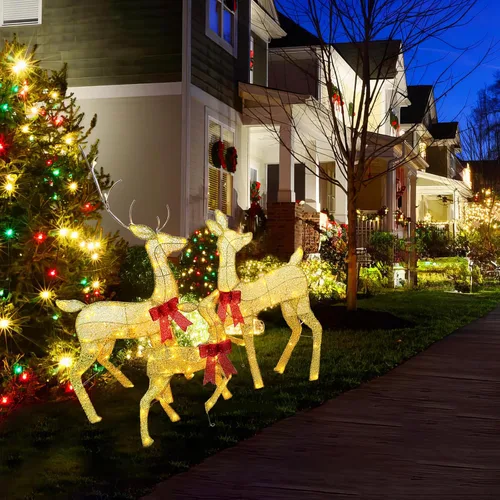 Miniatura 6 de Juego de decoración familiar de renos navideños grandes de 45 pulgadas, 3 piezas hechas a mano con estacas, material seguro LED Plug and Play