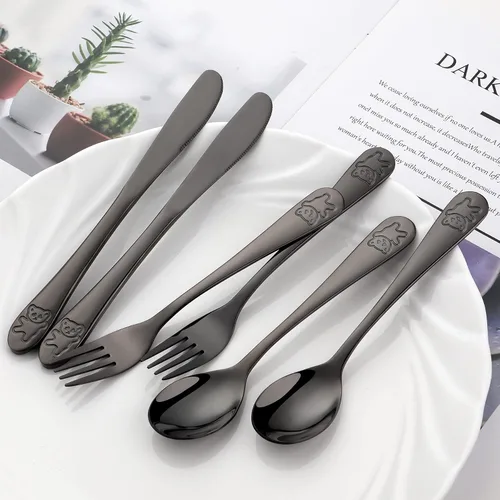 Miniatura 5 de Utensilios de acero inoxidable para niños con palillos de entrenamiento Cubiertos para niños Cuchara + tenedor + cuchillo + palillos 4-12 años