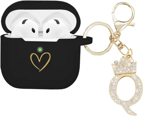 Miniatura 22 de Compatible con AirPods 4 Cover 2024, funda de silicona suave con patrón de corazón dorado para 4ª generación, llavero de letra A-Z con diamantes