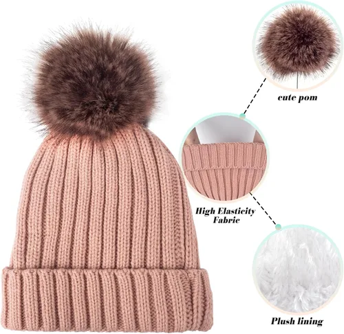 Miniatura 6 de Juego de 3 gorros de punto de invierno para mujer bufanda y guantes para pantalla táctil con pompón