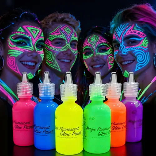 6 botellas, 28.3 g Pintura UV para el cuerpo brillante con luz negra fluorescente, segura para la piel, lavable, no tóxica, kit de seis colores