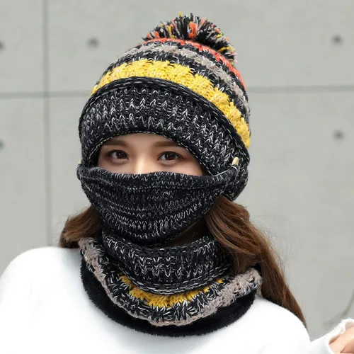 Miniatura 3 de Conjunto de 3 piezas para mujer, gorro de esquí, nieve, cuello, bufanda, máscara facial, pasamontañas, gorro de forro polar de punto de invierno