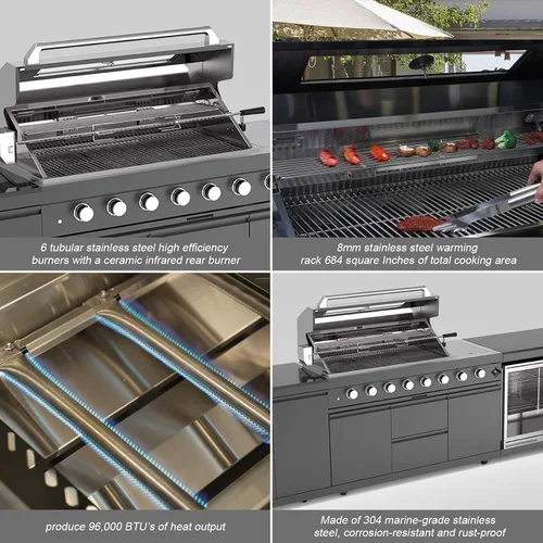 Miniatura 4 de Isla de cocina al aire libre de 153 pulgadas, combinación de parrilla de gas propano de 96000 BTU con refrigerador y fregadero, gabinete de cajón