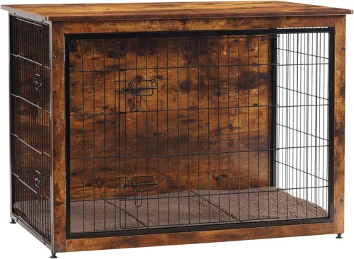 Miniatura 15 de DWANTON Mueble de jaula para perros con cojín, mesa de madera para perros con puertas dobles, casa de perro de interior, tamaño pequeño, mediano