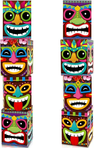 Miniatura 8 de Teling 4 cajas de decoración de fiesta hawaiana Tiki, cajas de recuerdo tropicales de verano para interiores y exteriores, centros de mesa Aloha