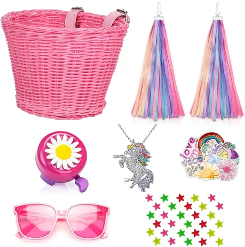 Miniatura 12 de Cesta de bicicleta para manillar para niñas con collar de unicornio, campana, serpentinas, cuentas de rueda, lentes de sol, calcomanías, juego