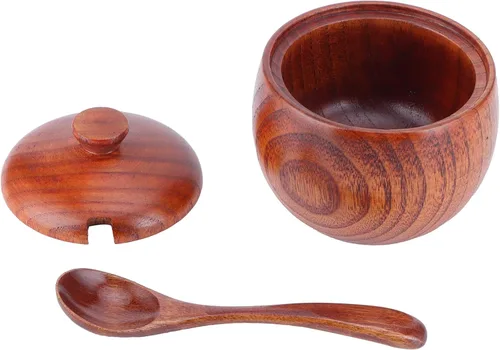 Miniatura 8 de Olla de especias de madera, bodega de sal de madera natural con tapa y cuchara, contenedor de azúcar, tarro de especias vintage, recipiente