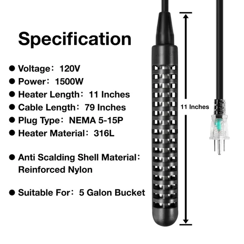 Miniatura 3 de GRILLME Calentador de agua de inmersión de 1500 W, calentador eléctrico portátil totalmente sumergible, calentador de cubo de 5 galones, 100%