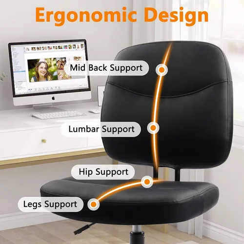 Miniatura 7 de CLATINA Silla de oficina en casa sin brazos, pequeña silla ergonómica de piel sintética con respaldo bajo con soporte lumbar y ruedas, altura