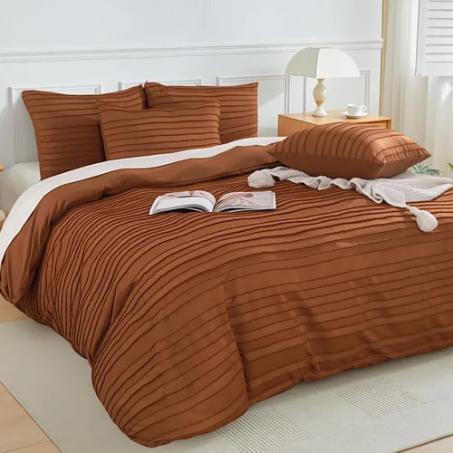 Miniatura 2 de NEXHOME PRO Juego de funda de edredón tamaño matrimonial, color naranja brunt de 3 piezas, estilo bohemio, copetudo, suave y ligero, juego de funda