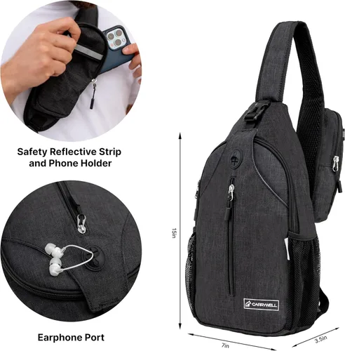 Miniatura 3 de Carrywell Mochila cruzada (no fabricada en China), mochila pequeña para viajes, senderismo, bolsa de pecho antirrobo, ligera Negro