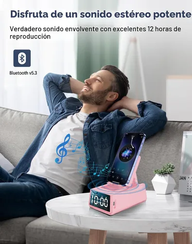 Miniatura 4 de Regalos de cumpleaños para mujeres, soporte de teléfono con altavoz Bluetooth con sonido y reloj HD, soporte inalámbrico ajustable para teléfono Rosa