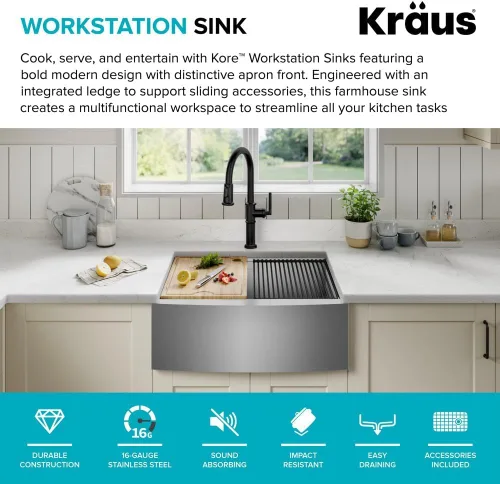 Miniatura 3 de KRAUS Kore KWF210-27 - Fregadero de cocina de acero inoxidable de calibre 16 con estación de trabajo de granja de 27 pulgadas con accesorios