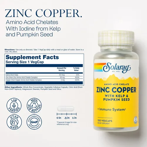 Miniatura 2 de SOLARAY Quelato de aminoácidos de zinc y cobre, suplemento de apoyo inmunológico con cinc quelado de 50 mg - hueso, piel, salud cardíaca y apoyo